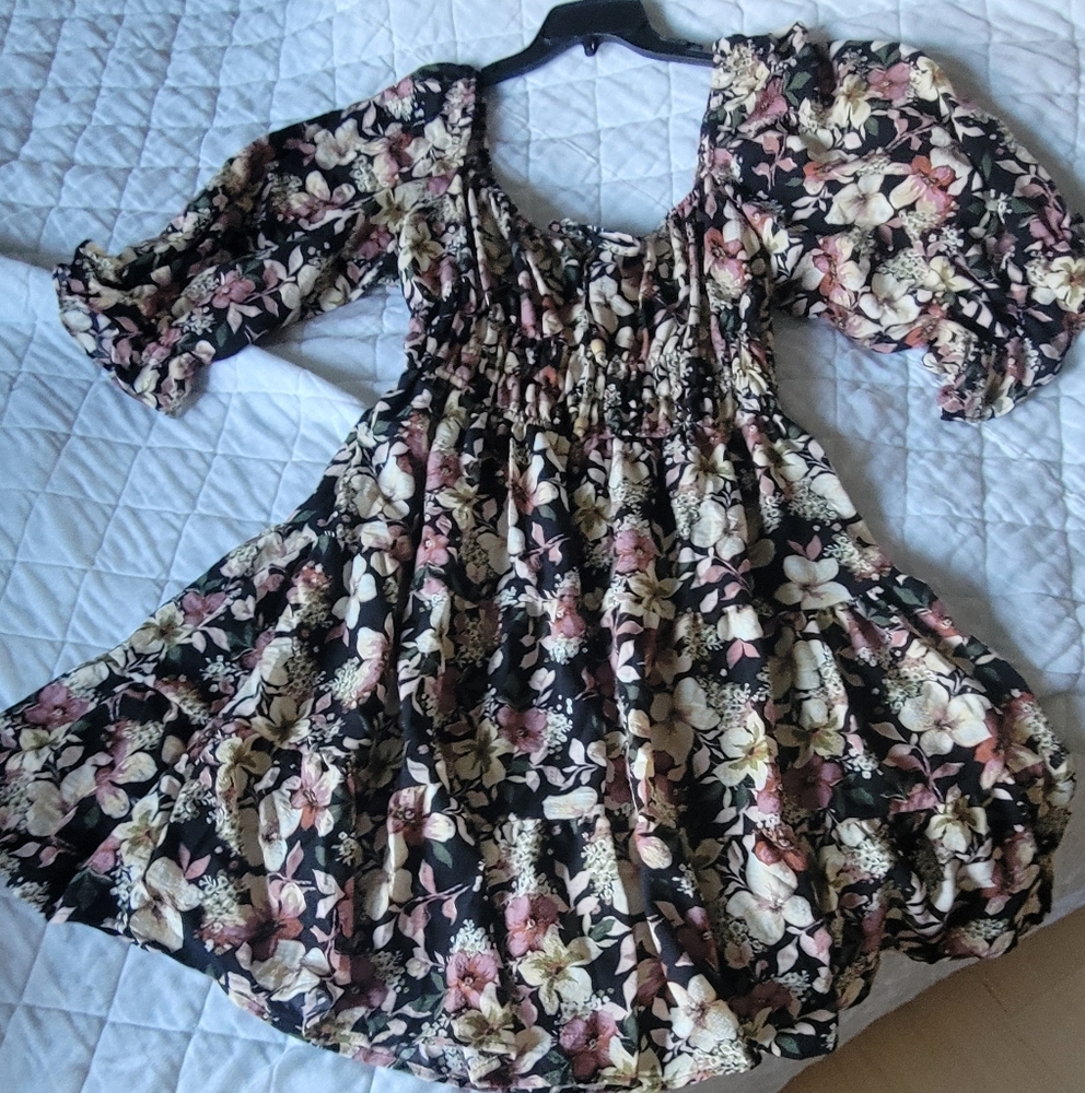 Floral Black and Pink Dress Elastic Waist